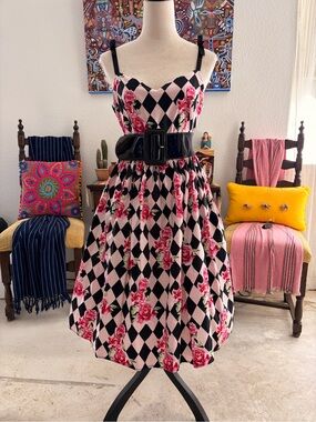 Hell Bunny Floral Harlequin Fit-and-Flare Dress in Pink and Black 🩷🖤